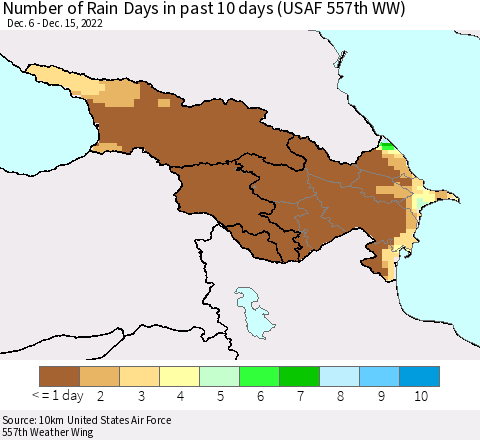 Azerbaijan, Armenia and Georgia Number of Rain Days in past 10 days (USAF 557th WW) Thematic Map For 12/11/2022 - 12/15/2022