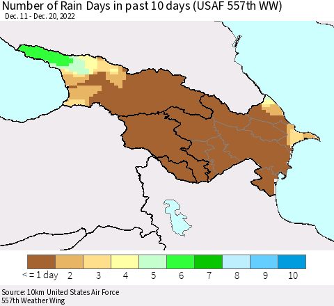Azerbaijan, Armenia and Georgia Number of Rain Days in past 10 days (USAF 557th WW) Thematic Map For 12/16/2022 - 12/20/2022