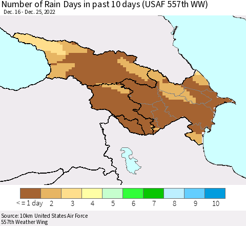 Azerbaijan, Armenia and Georgia Number of Rain Days in past 10 days (USAF 557th WW) Thematic Map For 12/21/2022 - 12/25/2022