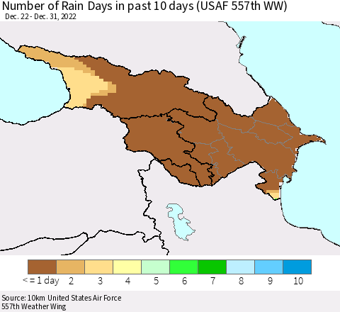 Azerbaijan, Armenia and Georgia Number of Rain Days in past 10 days (USAF 557th WW) Thematic Map For 12/26/2022 - 12/31/2022