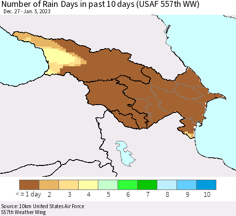 Azerbaijan, Armenia and Georgia Number of Rain Days in past 10 days (USAF 557th WW) Thematic Map For 1/1/2023 - 1/5/2023