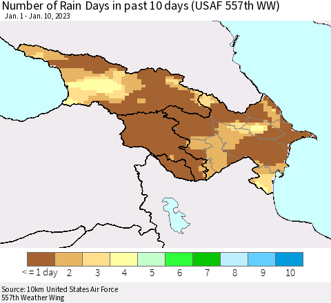 Azerbaijan, Armenia and Georgia Number of Rain Days in past 10 days (USAF 557th WW) Thematic Map For 1/6/2023 - 1/10/2023
