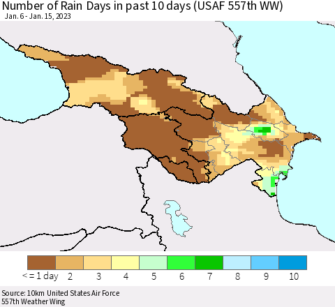 Azerbaijan, Armenia and Georgia Number of Rain Days in past 10 days (USAF 557th WW) Thematic Map For 1/11/2023 - 1/15/2023