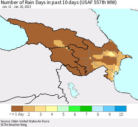 Azerbaijan, Armenia and Georgia Number of Rain Days in past 10 days (USAF 557th WW) Thematic Map For 1/16/2023 - 1/20/2023