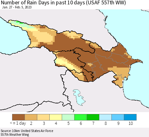 Azerbaijan, Armenia and Georgia Number of Rain Days in past 10 days (USAF 557th WW) Thematic Map For 2/1/2023 - 2/5/2023