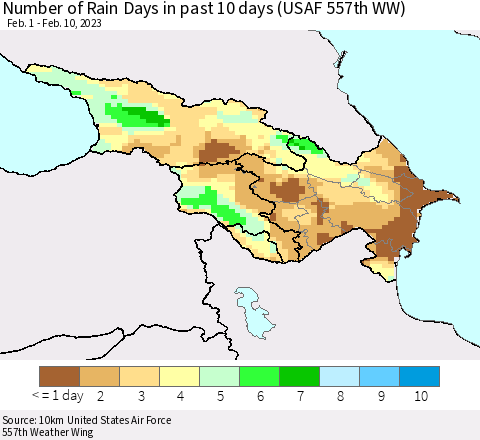 Azerbaijan, Armenia and Georgia Number of Rain Days in past 10 days (USAF 557th WW) Thematic Map For 2/6/2023 - 2/10/2023