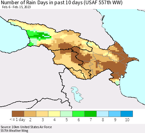 Azerbaijan, Armenia and Georgia Number of Rain Days in past 10 days (USAF 557th WW) Thematic Map For 2/11/2023 - 2/15/2023
