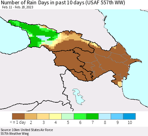 Azerbaijan, Armenia and Georgia Number of Rain Days in past 10 days (USAF 557th WW) Thematic Map For 2/16/2023 - 2/20/2023