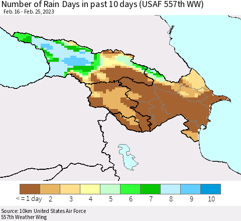 Azerbaijan, Armenia and Georgia Number of Rain Days in past 10 days (USAF 557th WW) Thematic Map For 2/21/2023 - 2/25/2023