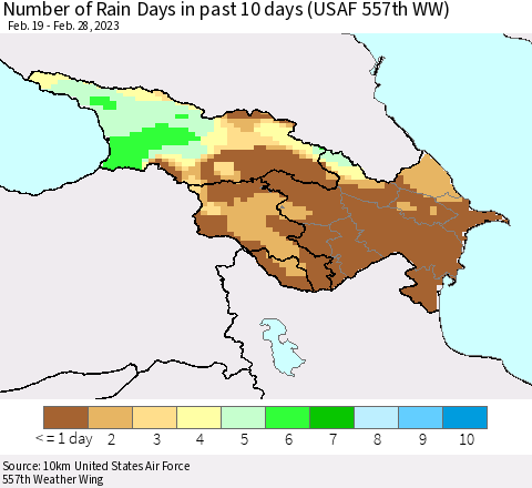 Azerbaijan, Armenia and Georgia Number of Rain Days in past 10 days (USAF 557th WW) Thematic Map For 2/26/2023 - 2/28/2023