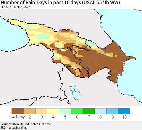 Azerbaijan, Armenia and Georgia Number of Rain Days in past 10 days (USAF 557th WW) Thematic Map For 3/1/2023 - 3/5/2023