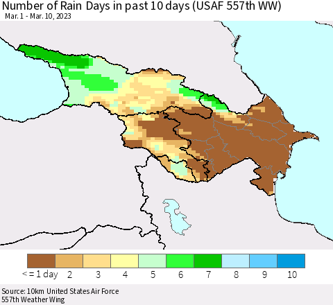 Azerbaijan, Armenia and Georgia Number of Rain Days in past 10 days (USAF 557th WW) Thematic Map For 3/6/2023 - 3/10/2023