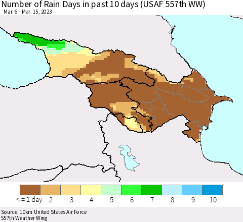 Azerbaijan, Armenia and Georgia Number of Rain Days in past 10 days (USAF 557th WW) Thematic Map For 3/11/2023 - 3/15/2023