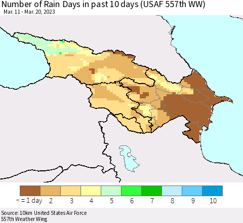 Azerbaijan, Armenia and Georgia Number of Rain Days in past 10 days (USAF 557th WW) Thematic Map For 3/16/2023 - 3/20/2023
