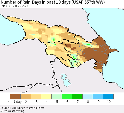 Azerbaijan, Armenia and Georgia Number of Rain Days in past 10 days (USAF 557th WW) Thematic Map For 3/21/2023 - 3/25/2023