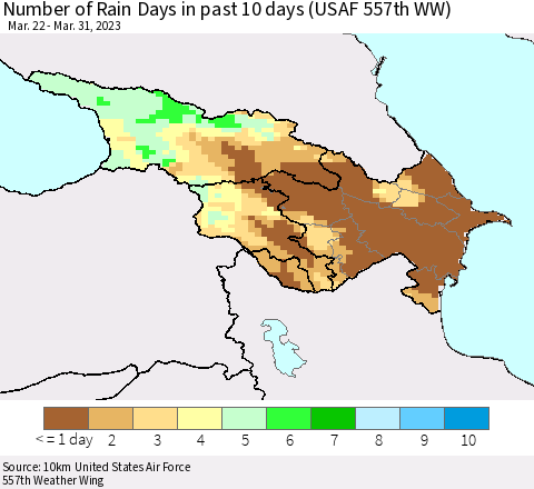 Azerbaijan, Armenia and Georgia Number of Rain Days in past 10 days (USAF 557th WW) Thematic Map For 3/26/2023 - 3/31/2023