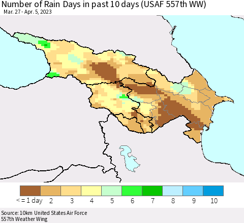 Azerbaijan, Armenia and Georgia Number of Rain Days in past 10 days (USAF 557th WW) Thematic Map For 4/1/2023 - 4/5/2023