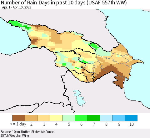 Azerbaijan, Armenia and Georgia Number of Rain Days in past 10 days (USAF 557th WW) Thematic Map For 4/6/2023 - 4/10/2023
