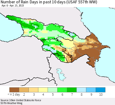 Azerbaijan, Armenia and Georgia Number of Rain Days in past 10 days (USAF 557th WW) Thematic Map For 4/11/2023 - 4/15/2023