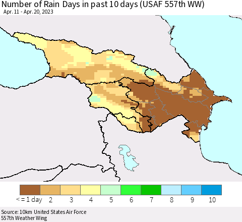 Azerbaijan, Armenia and Georgia Number of Rain Days in past 10 days (USAF 557th WW) Thematic Map For 4/16/2023 - 4/20/2023