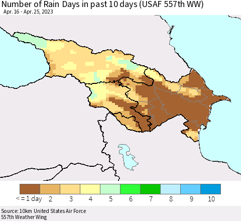 Azerbaijan, Armenia and Georgia Number of Rain Days in past 10 days (USAF 557th WW) Thematic Map For 4/21/2023 - 4/25/2023