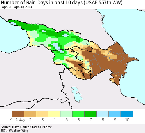 Azerbaijan, Armenia and Georgia Number of Rain Days in past 10 days (USAF 557th WW) Thematic Map For 4/26/2023 - 4/30/2023