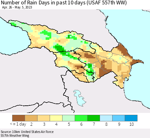 Azerbaijan, Armenia and Georgia Number of Rain Days in past 10 days (USAF 557th WW) Thematic Map For 5/1/2023 - 5/5/2023