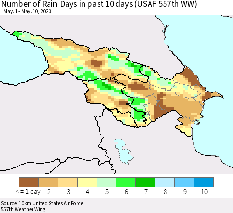 Azerbaijan, Armenia and Georgia Number of Rain Days in past 10 days (USAF 557th WW) Thematic Map For 5/6/2023 - 5/10/2023