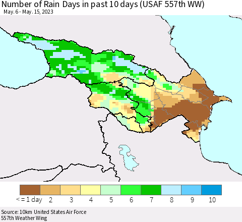 Azerbaijan, Armenia and Georgia Number of Rain Days in past 10 days (USAF 557th WW) Thematic Map For 5/11/2023 - 5/15/2023