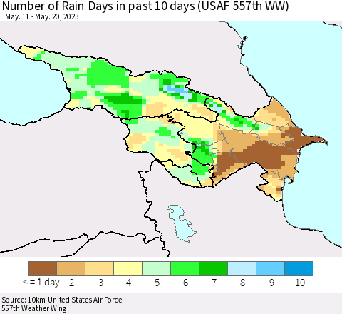 Azerbaijan, Armenia and Georgia Number of Rain Days in past 10 days (USAF 557th WW) Thematic Map For 5/16/2023 - 5/20/2023