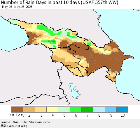 Azerbaijan, Armenia and Georgia Number of Rain Days in past 10 days (USAF 557th WW) Thematic Map For 5/21/2023 - 5/25/2023