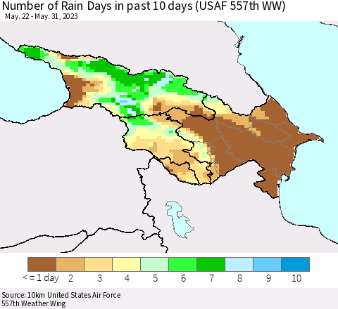 Azerbaijan, Armenia and Georgia Number of Rain Days in past 10 days (USAF 557th WW) Thematic Map For 5/26/2023 - 5/31/2023