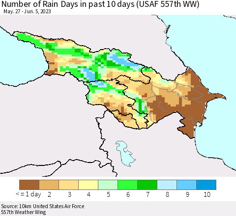 Azerbaijan, Armenia and Georgia Number of Rain Days in past 10 days (USAF 557th WW) Thematic Map For 6/1/2023 - 6/5/2023