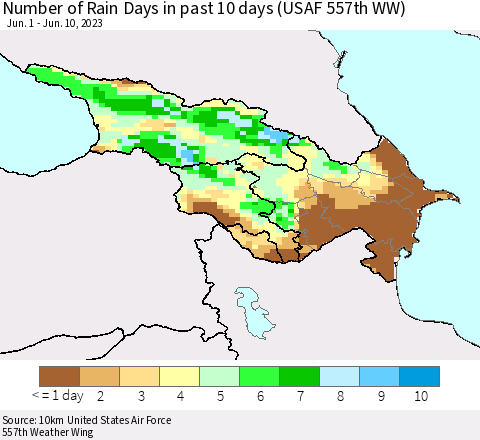 Azerbaijan, Armenia and Georgia Number of Rain Days in past 10 days (USAF 557th WW) Thematic Map For 6/6/2023 - 6/10/2023