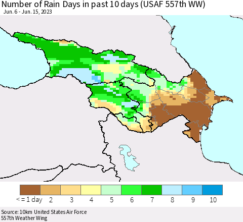 Azerbaijan, Armenia and Georgia Number of Rain Days in past 10 days (USAF 557th WW) Thematic Map For 6/11/2023 - 6/15/2023