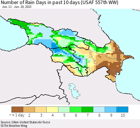 Azerbaijan, Armenia and Georgia Number of Rain Days in past 10 days (USAF 557th WW) Thematic Map For 6/16/2023 - 6/20/2023