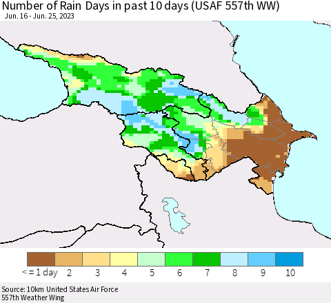 Azerbaijan, Armenia and Georgia Number of Rain Days in past 10 days (USAF 557th WW) Thematic Map For 6/21/2023 - 6/25/2023