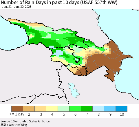 Azerbaijan, Armenia and Georgia Number of Rain Days in past 10 days (USAF 557th WW) Thematic Map For 6/26/2023 - 6/30/2023