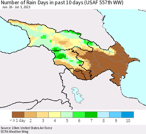 Azerbaijan, Armenia and Georgia Number of Rain Days in past 10 days (USAF 557th WW) Thematic Map For 7/1/2023 - 7/5/2023