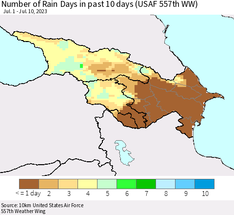 Azerbaijan, Armenia and Georgia Number of Rain Days in past 10 days (USAF 557th WW) Thematic Map For 7/6/2023 - 7/10/2023