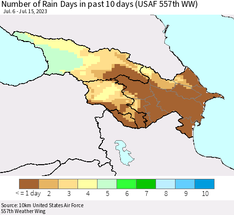 Azerbaijan, Armenia and Georgia Number of Rain Days in past 10 days (USAF 557th WW) Thematic Map For 7/11/2023 - 7/15/2023