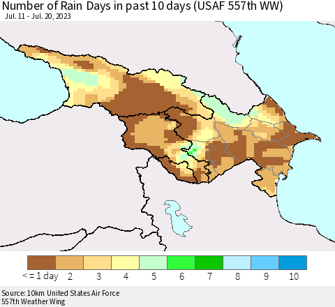 Azerbaijan, Armenia and Georgia Number of Rain Days in past 10 days (USAF 557th WW) Thematic Map For 7/16/2023 - 7/20/2023