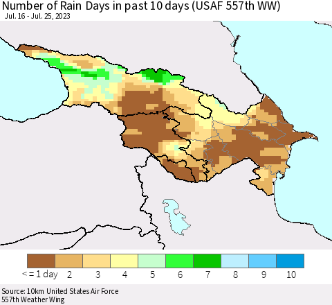 Azerbaijan, Armenia and Georgia Number of Rain Days in past 10 days (USAF 557th WW) Thematic Map For 7/21/2023 - 7/25/2023