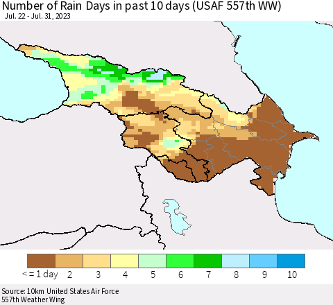 Azerbaijan, Armenia and Georgia Number of Rain Days in past 10 days (USAF 557th WW) Thematic Map For 7/26/2023 - 7/31/2023