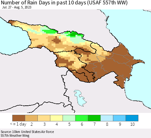Azerbaijan, Armenia and Georgia Number of Rain Days in past 10 days (USAF 557th WW) Thematic Map For 8/1/2023 - 8/5/2023