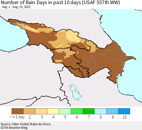 Azerbaijan, Armenia and Georgia Number of Rain Days in past 10 days (USAF 557th WW) Thematic Map For 8/6/2023 - 8/10/2023