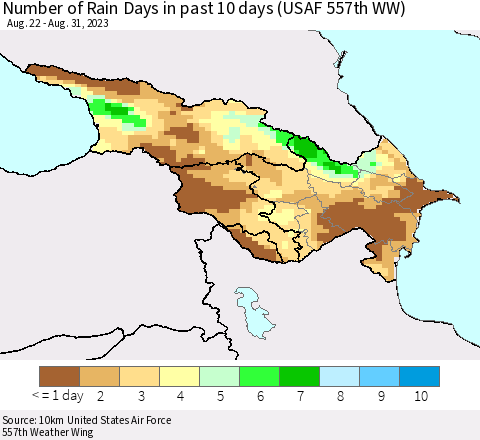 Azerbaijan, Armenia and Georgia Number of Rain Days in past 10 days (USAF 557th WW) Thematic Map For 8/26/2023 - 8/31/2023