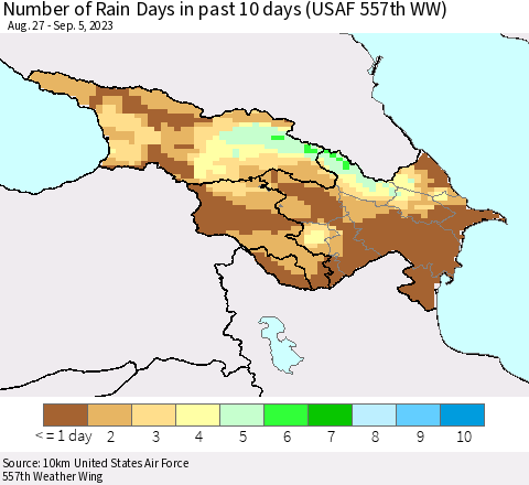 Azerbaijan, Armenia and Georgia Number of Rain Days in past 10 days (USAF 557th WW) Thematic Map For 9/1/2023 - 9/5/2023