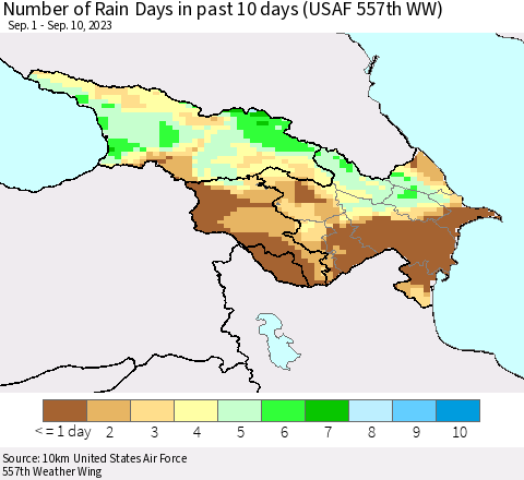 Azerbaijan, Armenia and Georgia Number of Rain Days in past 10 days (USAF 557th WW) Thematic Map For 9/6/2023 - 9/10/2023