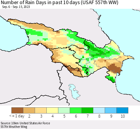 Azerbaijan, Armenia and Georgia Number of Rain Days in past 10 days (USAF 557th WW) Thematic Map For 9/11/2023 - 9/15/2023